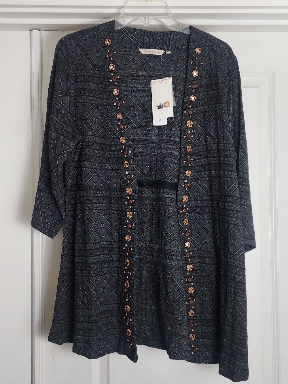 NWT Soft Surroundings Charcoal Knit 3/4 Sleeved Cardigan with Copper Bead Trim